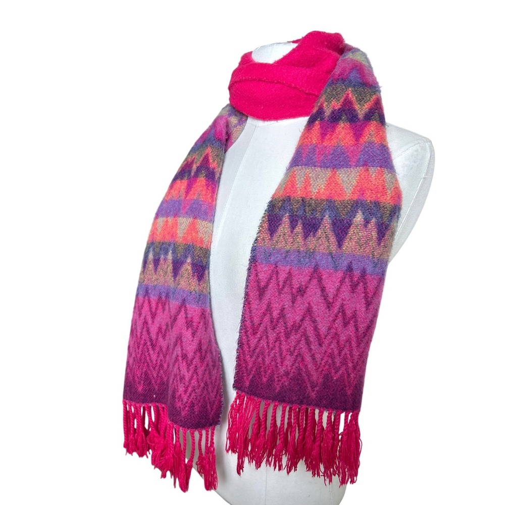 VTG Pink Purple Orange Zigzag Knit Fringe Scarf Geometric Boho Southwestern Cozy